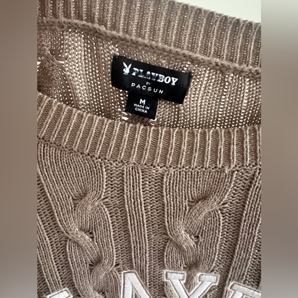 Oversized Cropped Playboy Brown Cable Knit Sweater - Picture 3 of 4